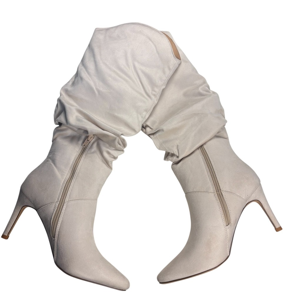 Coutgo Women's Knee High Boots Beige Slouchy Suede Stiletto Zip Heel Size 7‎ NWB